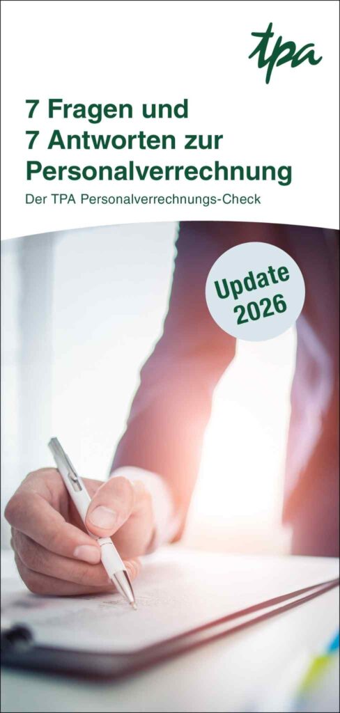 Cover der TPA‑Broschüre ‚7 Fragen und 7 Antworten zur Personalverrechnung – Update 2026