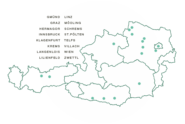Standortkarte der TPA Steuerberatung in Österreich mit Markierungen aller Niederlassungen, darunter Wien, Graz, Linz, Salzburg, Innsbruck, Klagenfurt, Villach, St. Pölten, Krems, Mödling, Telfs, Langenlois, Zwettl, Lilienfeld, Gmünd, Schrem, Hermagor – zeigt die breite regionale Präsenz der TPA Steuerberatung in ganz Österreich.