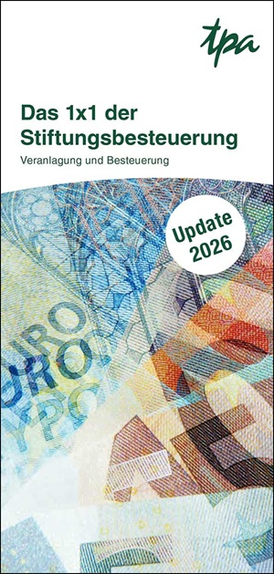 Cover „Das 1x1 der Stiftungsbesteuerung“ von TPA, Update 2026, mit Geldschein-Grafik