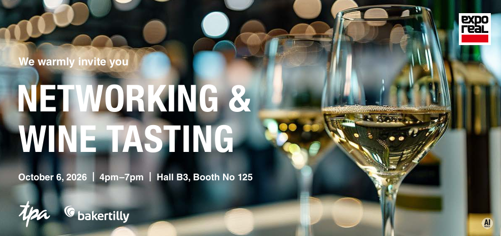 Promotional event banner featuring several glasses of white wine in a softly lit venue with blurred lights in the background. Large text reads “Networking & Wine Tasting,” with event details: October 6, 2026, from 4 pm to 7 pm in Hall B3, Booth No. 125. The TPA and Baker Tilly logos appear at the bottom left. The image conveys a professional networking event in an elegant wine-tasting setting.